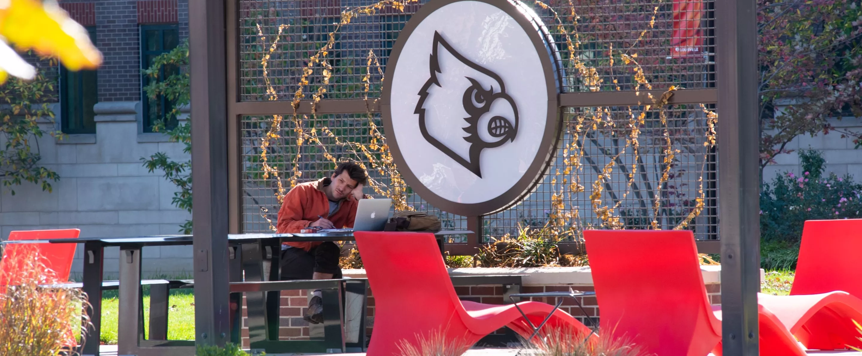 Red bench area in front of Belknap Academic Center. Male student sits at picnic table on computer.