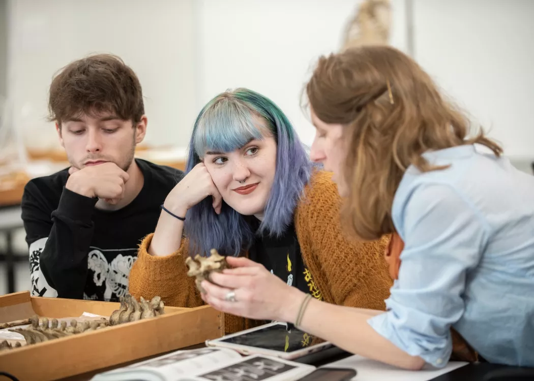 Professor helps students learn more about bones in an Anthropology lab