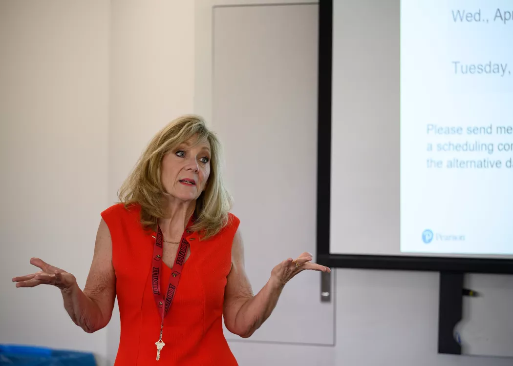 Cindy Forgie teaching Operations Management at Fraiser Hall.