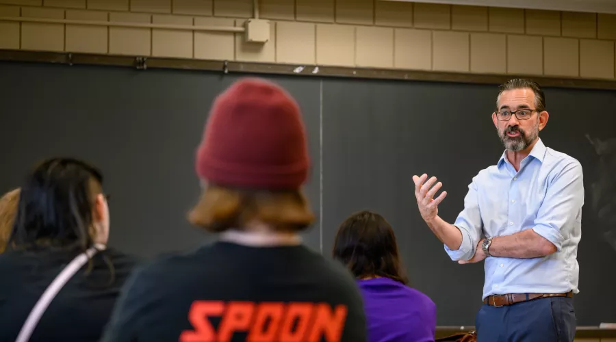 John Gibson teaching in Bingham Humanities.